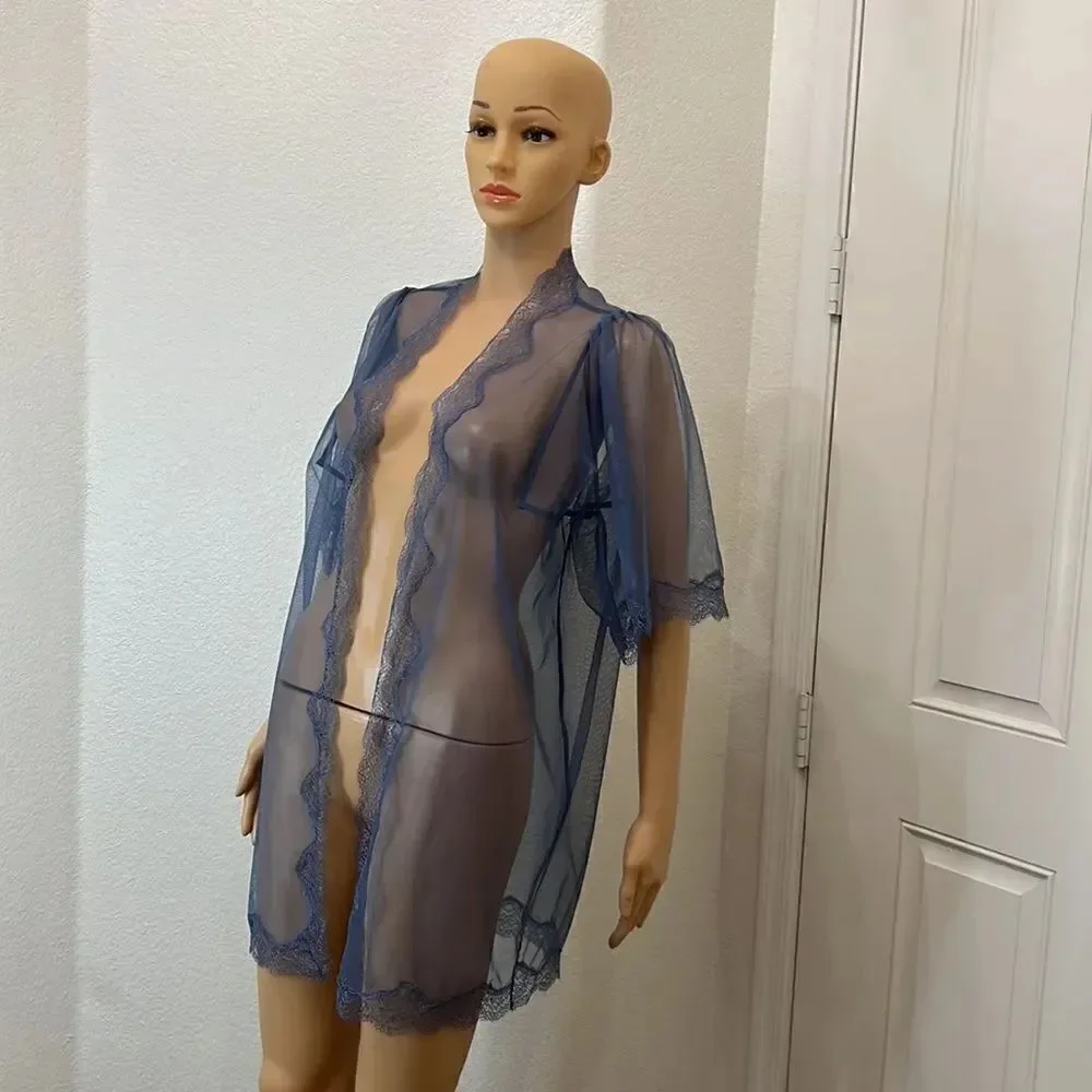 Victoria’s Secret Night Gown Sexy Intimate Robe Wrap Size XS/S Blue Sheer Lace